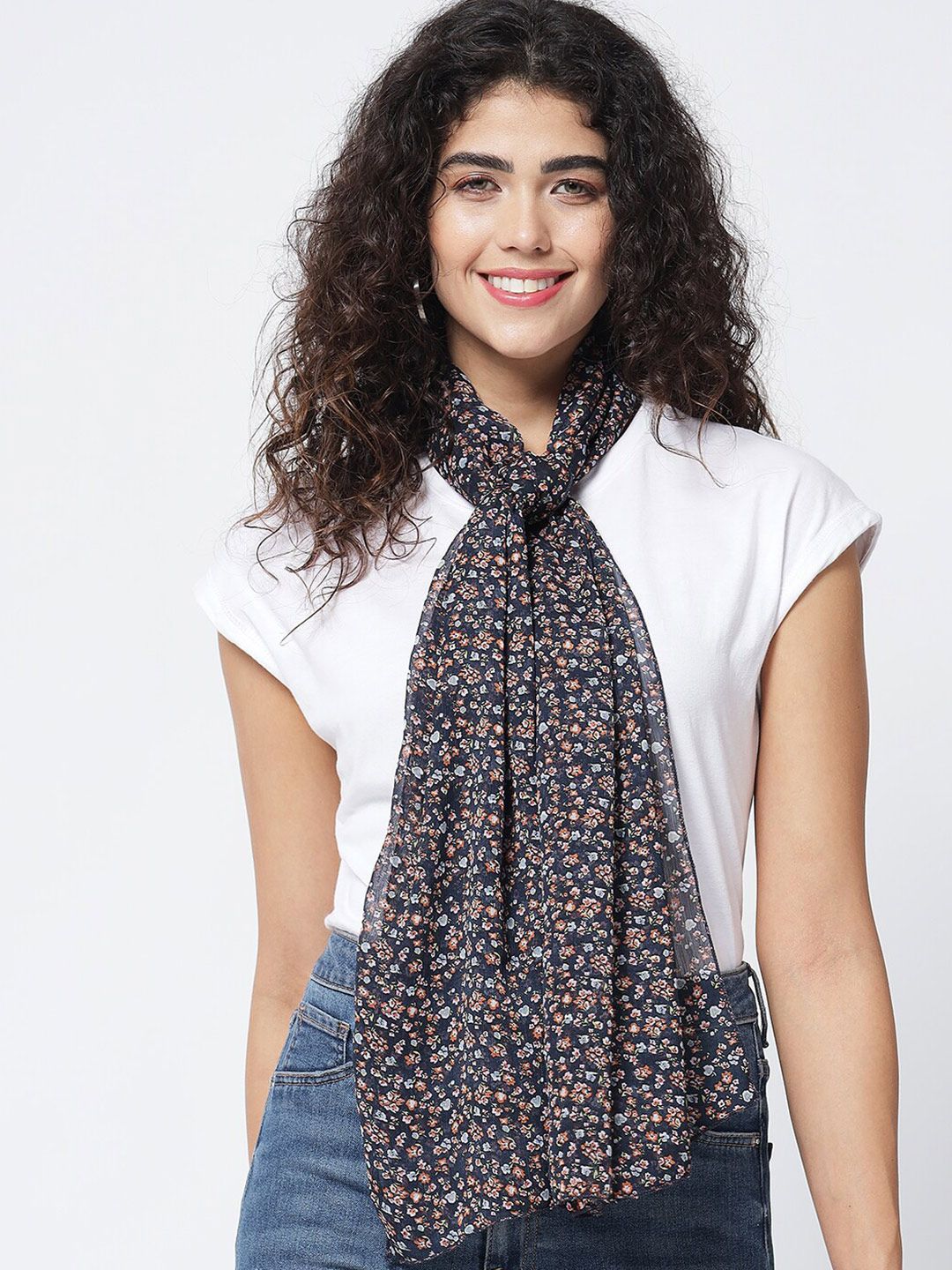 Trend Arrest Women Navy Blue & Peach-Coloured Printed Scarf Price in India