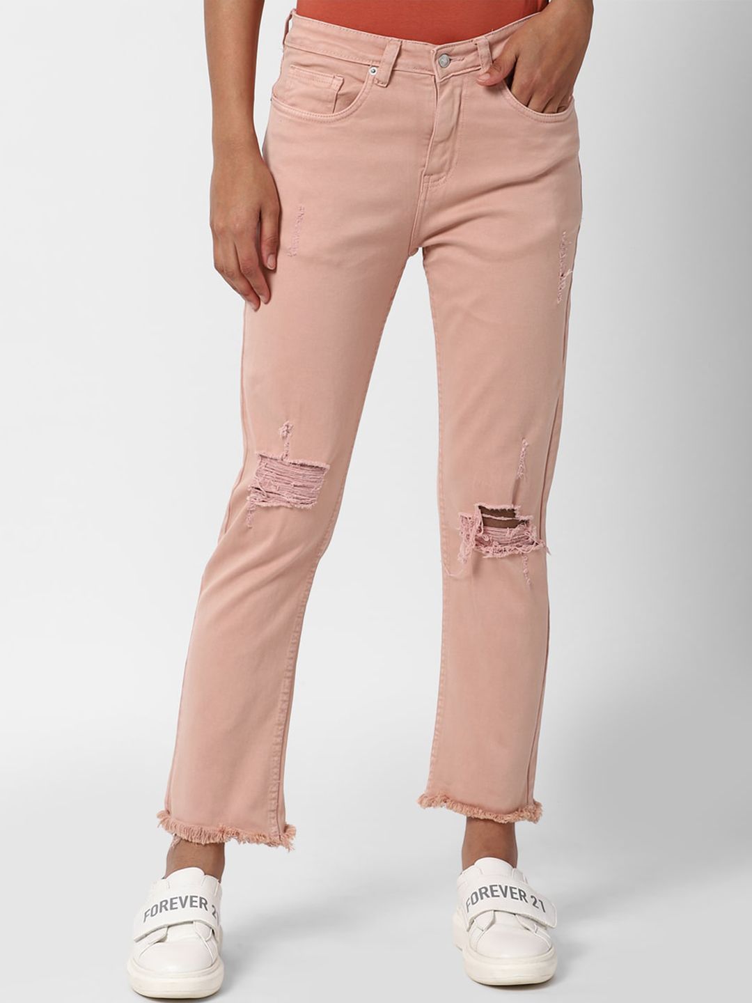 FOREVER 21 Women Peach-Coloured Mildly Distressed Jeans Price in India