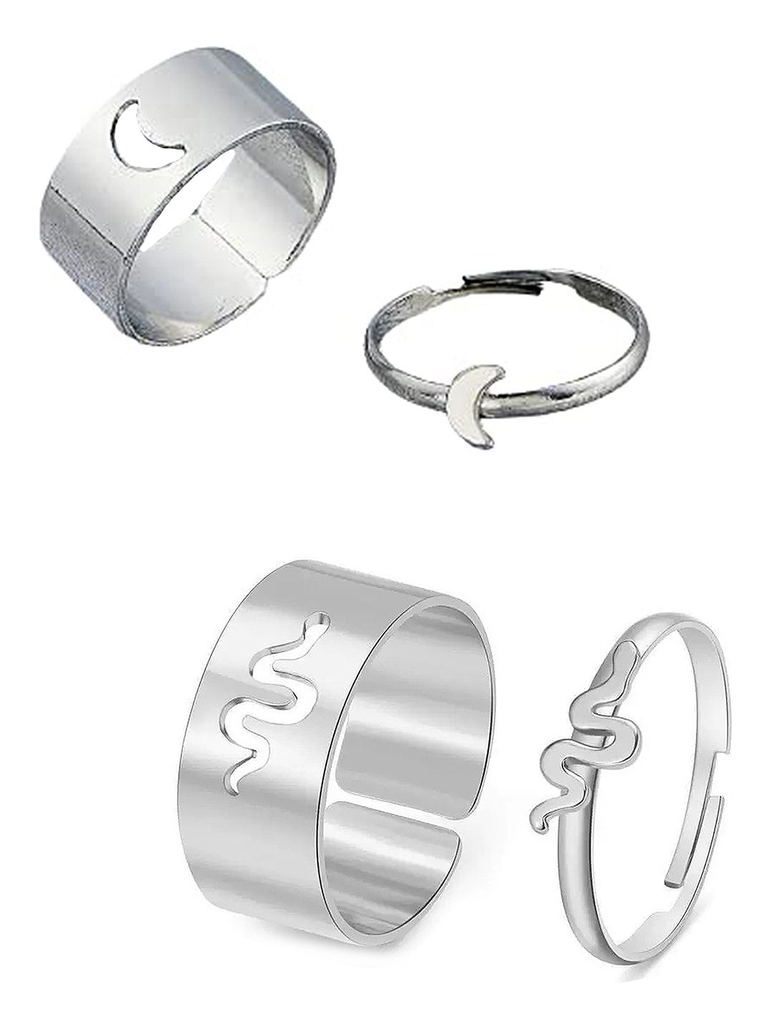 Vembley Set of 4 Silver-Plated Half Moon & Snake Adjustable Couple Rings Price in India