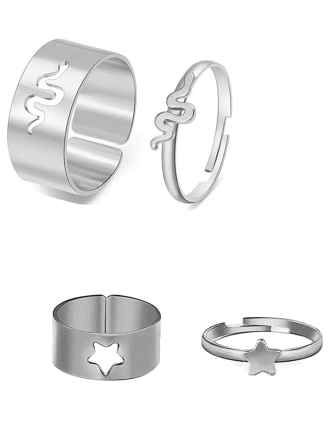 Vembley Pack of 4 Silver Plated Star and Snake Couple Ring Price in India