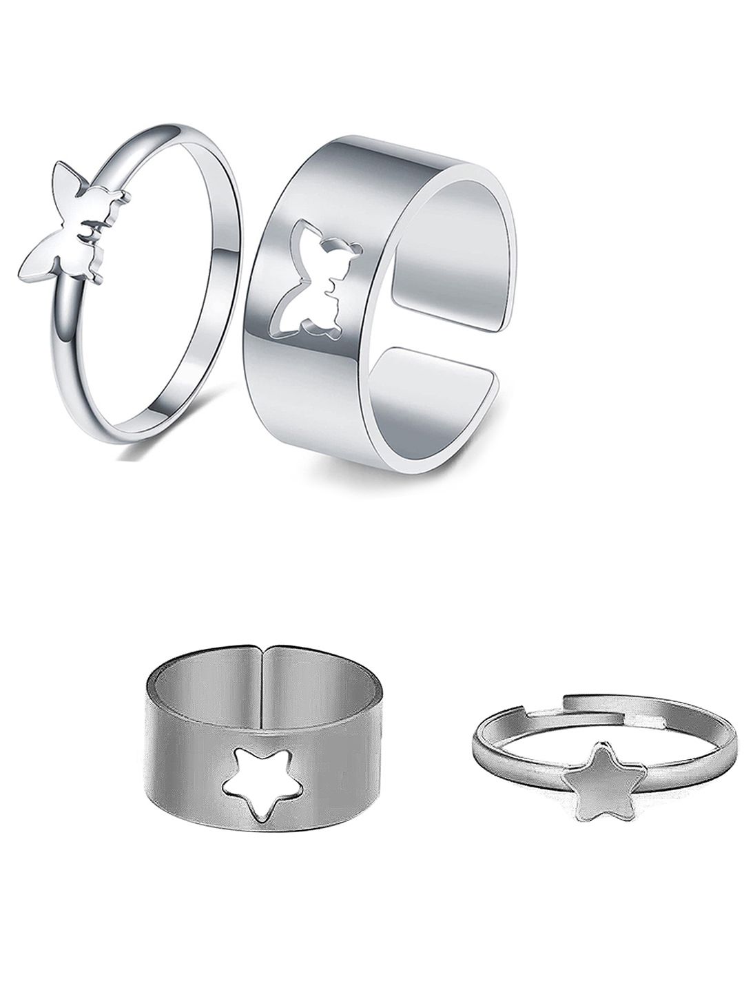 Vembley Set of 4 Stylish Silver-Plated Star & Butterfly Couple Rings Price in India