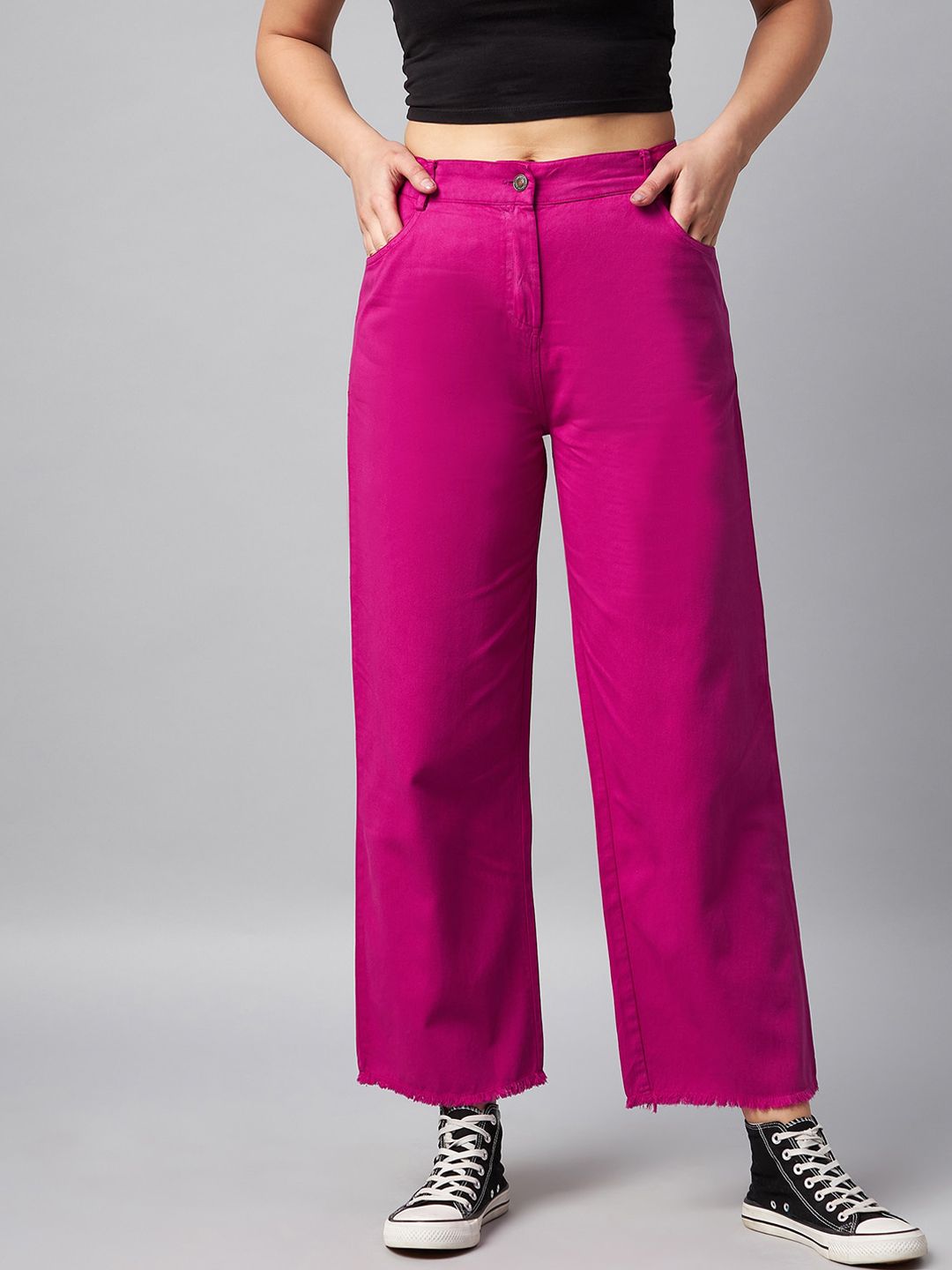 Orchid Blues Women Magenta Wide Leg High-Rise Pure Cotton Jeans Price in India