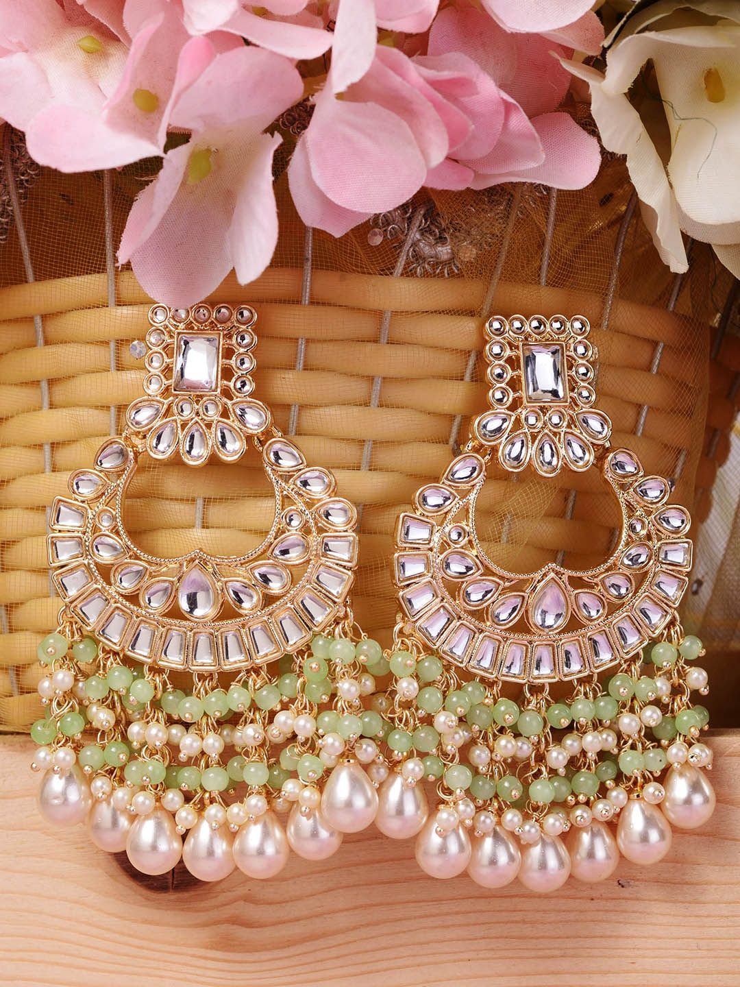 Saraf RS Jewellery Sea Green & Gold-Plated Contemporary Chandbalis Earrings Price in India