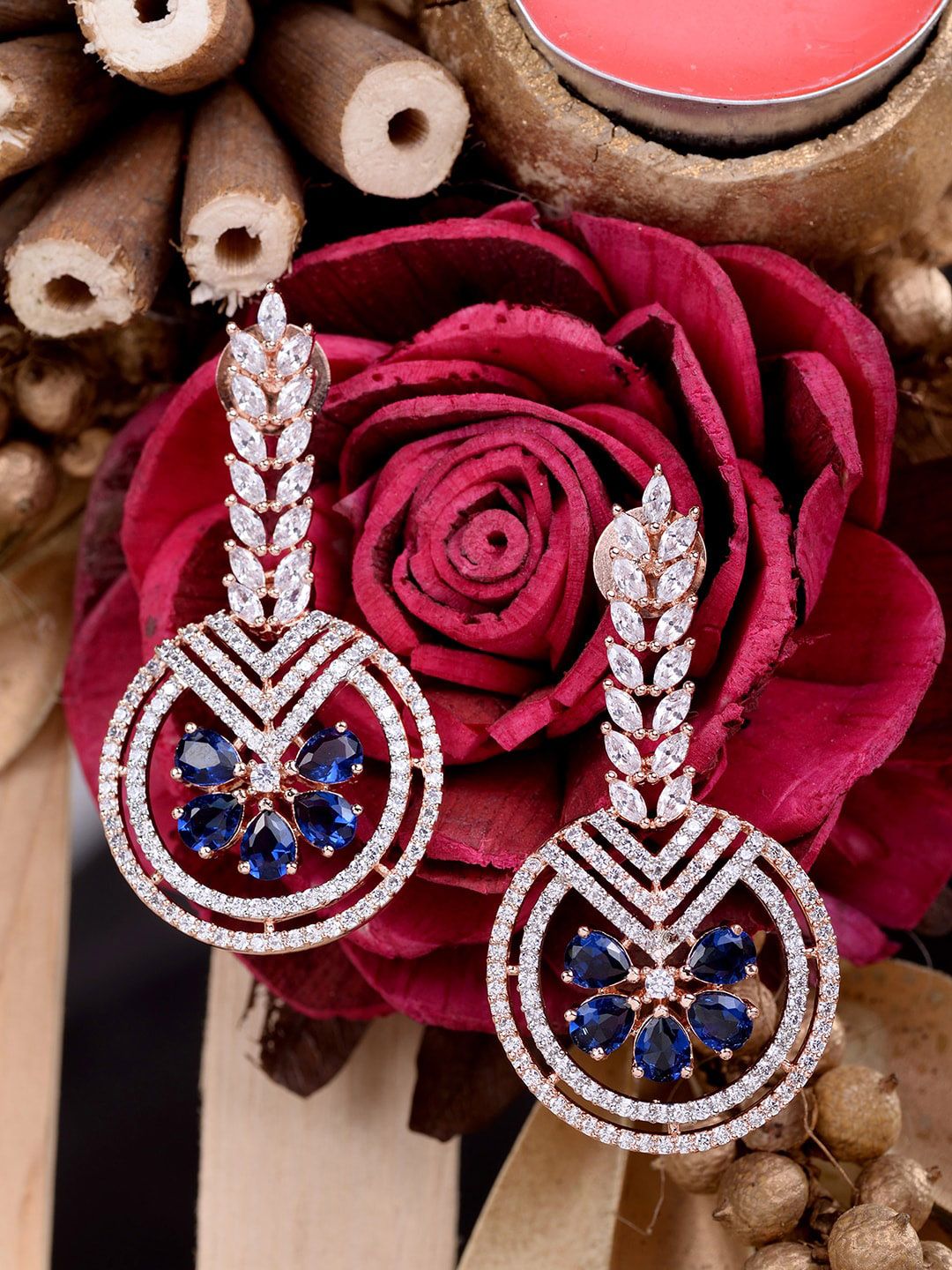 Saraf RS Jewellery Blue & White Rose Gold-Plated Contemporary Drop Earrings Price in India
