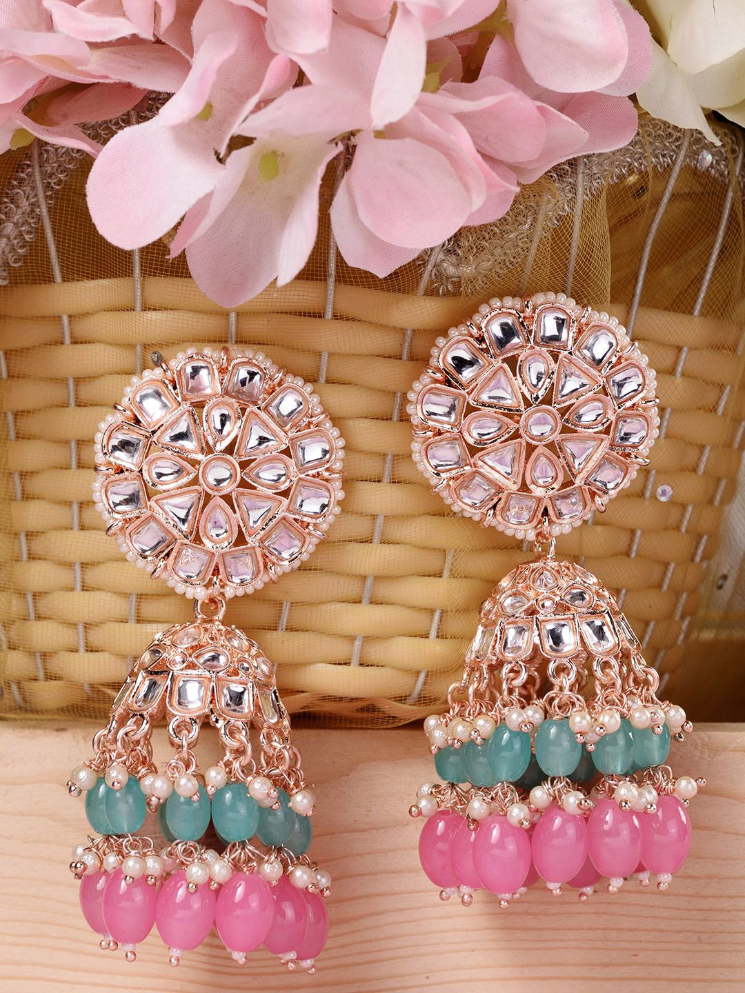 Saraf RS Jewellery Gold-Plated White & Pink Kundan Studded & Beaded Jhumkas Earrings Price in India