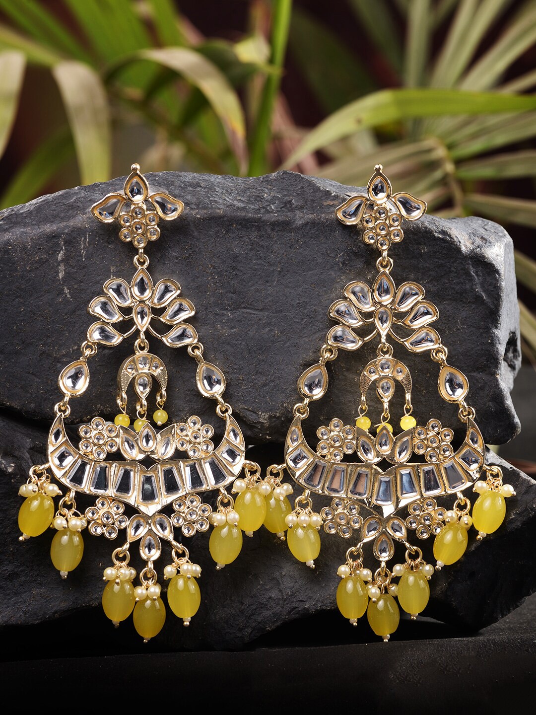 Saraf RS Jewellery Gold-Toned & Yellow Contemporary Chandbalis Earrings Price in India