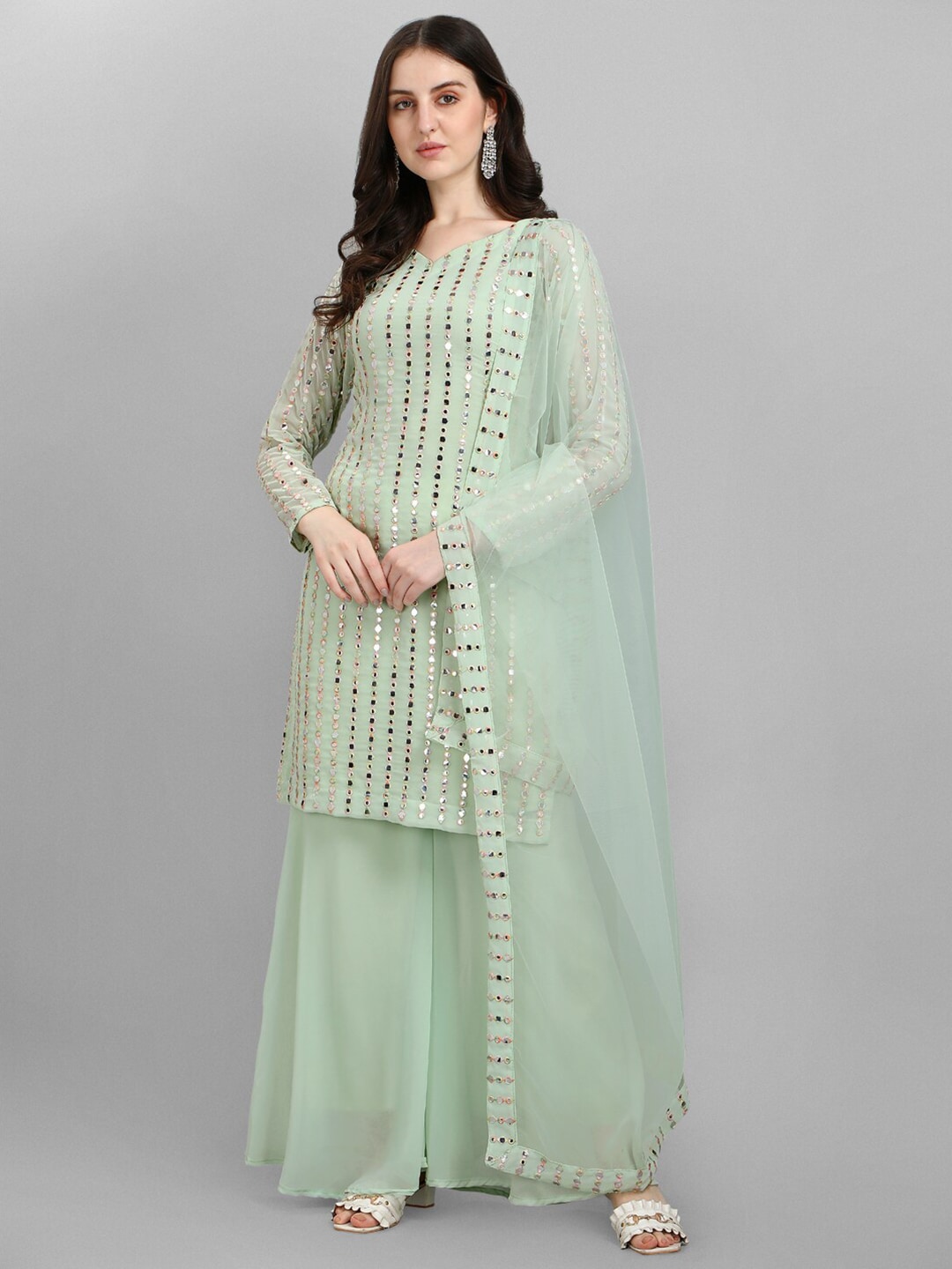 JATRIQQ Green Embellished Silk Georgette Semi-Stitched Dress Material Price in India