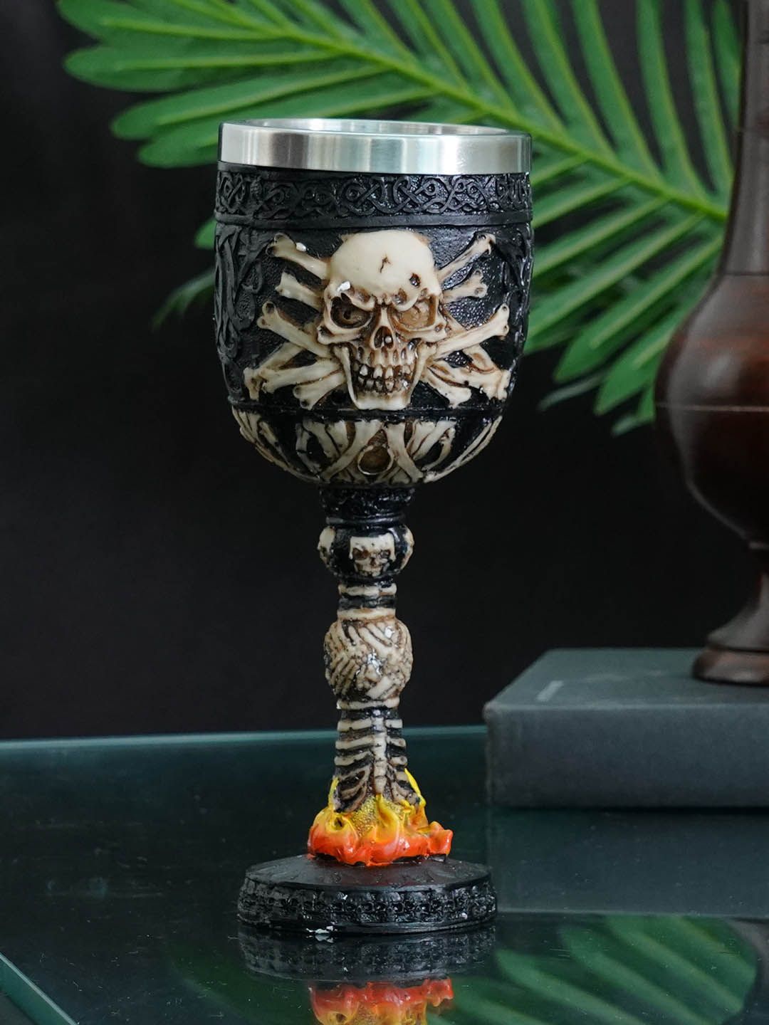 TIED RIBBONS Black & Beige Textured Stainless Steel Skeleton Design Skull Wine Glass Price in India