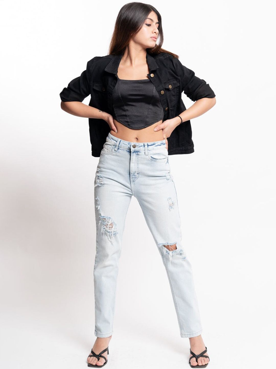 FREAKINS Women Stunning Blue High-Rise Mom Fit Cropped Jeans Price in India