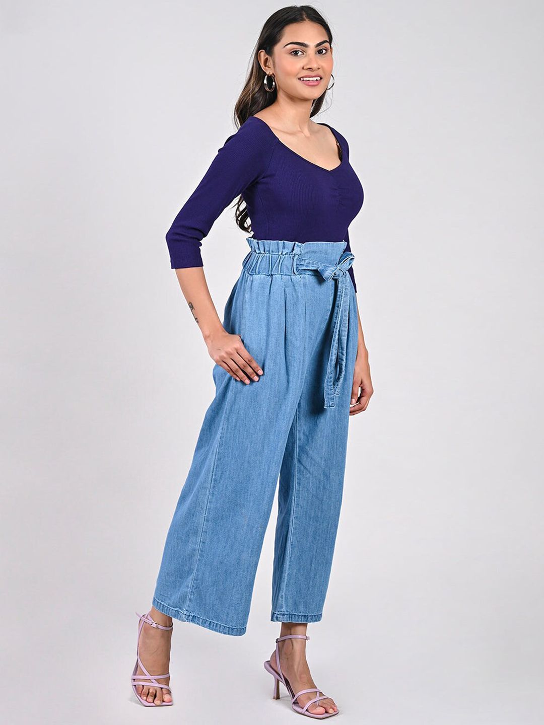 FREAKINS Women Stunning Blue High-Rise Flared Fit Cropped Jeans Price in India