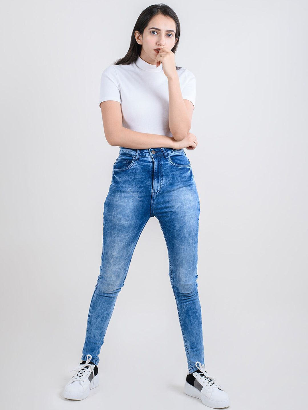 FREAKINS Women Blue Skinny Fit High-Rise Low Distress Heavy Fade Jeans Price in India