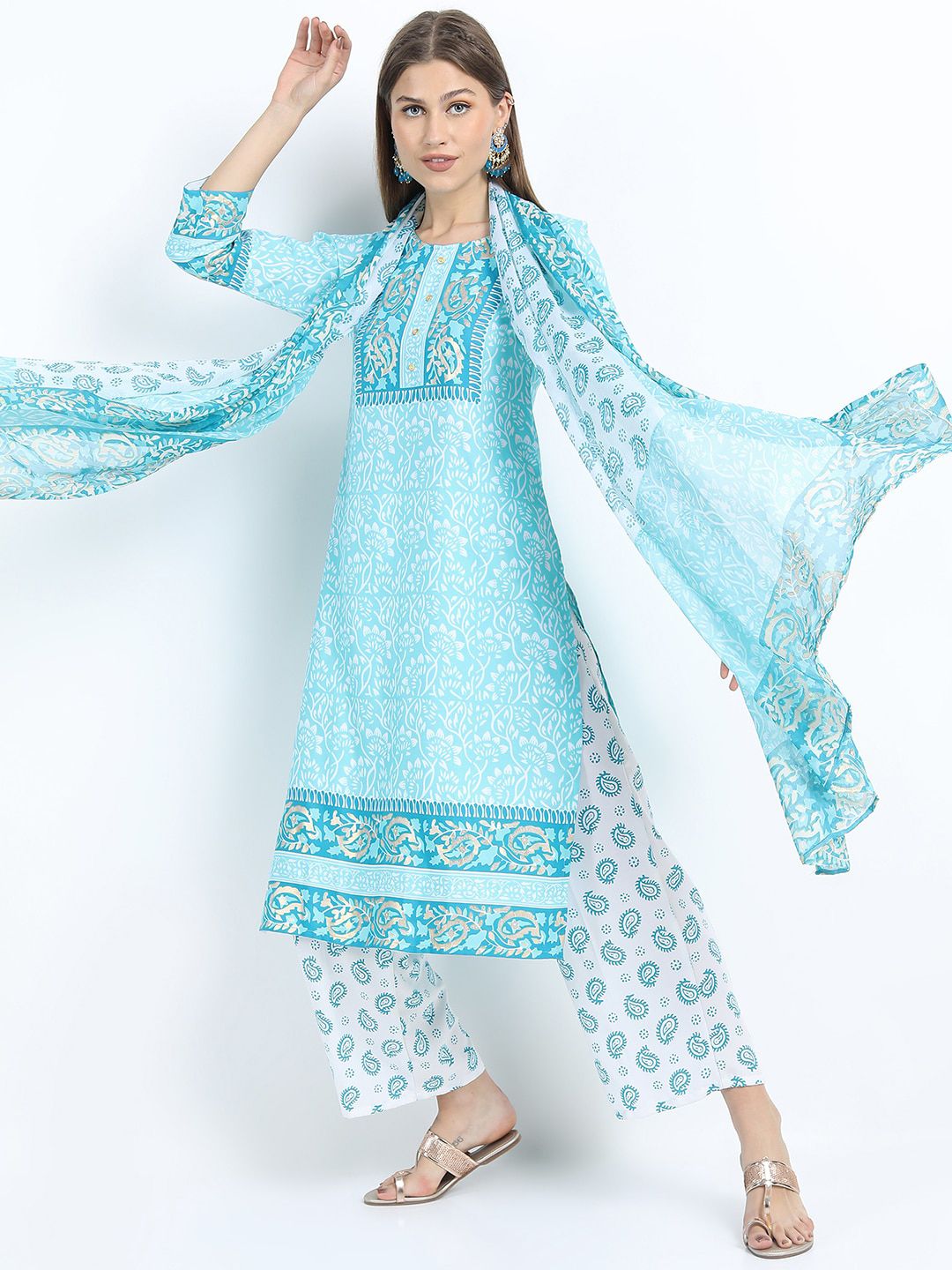 Vishudh Women Turquoise Blue Floral Printed Kurta Trouser With Dupatta Price in India