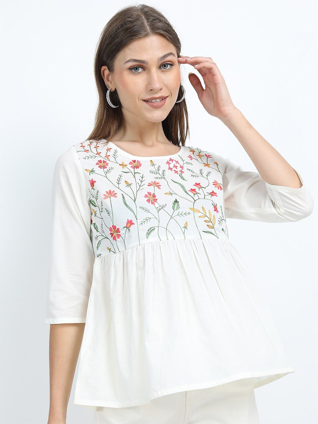 Vishudh Women Cream-Coloured Floral Embroidered Cotton Top
