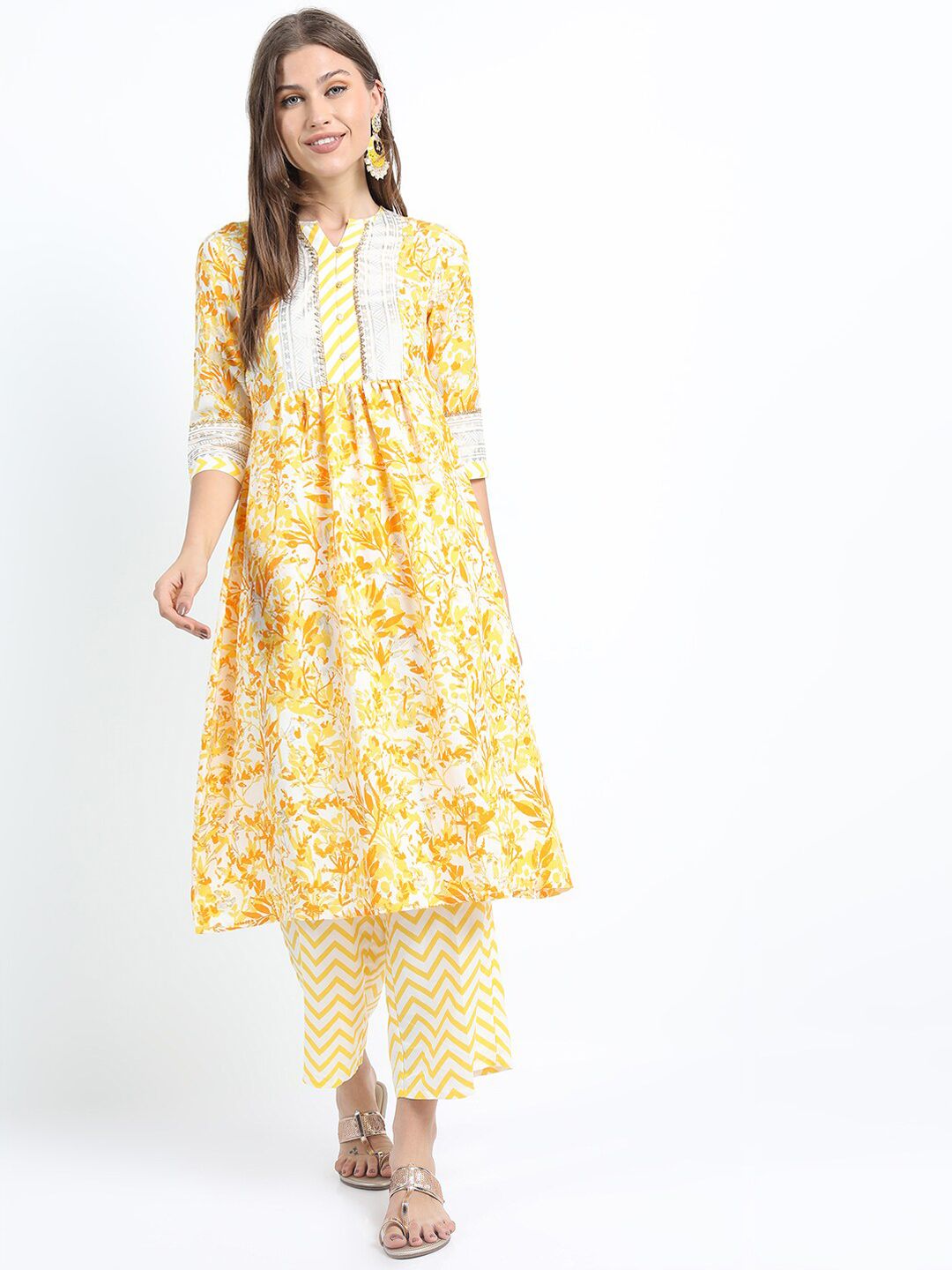 Vishudh Women Mustard Yellow & White Floral Printed Kurta with Palazzos Price in India