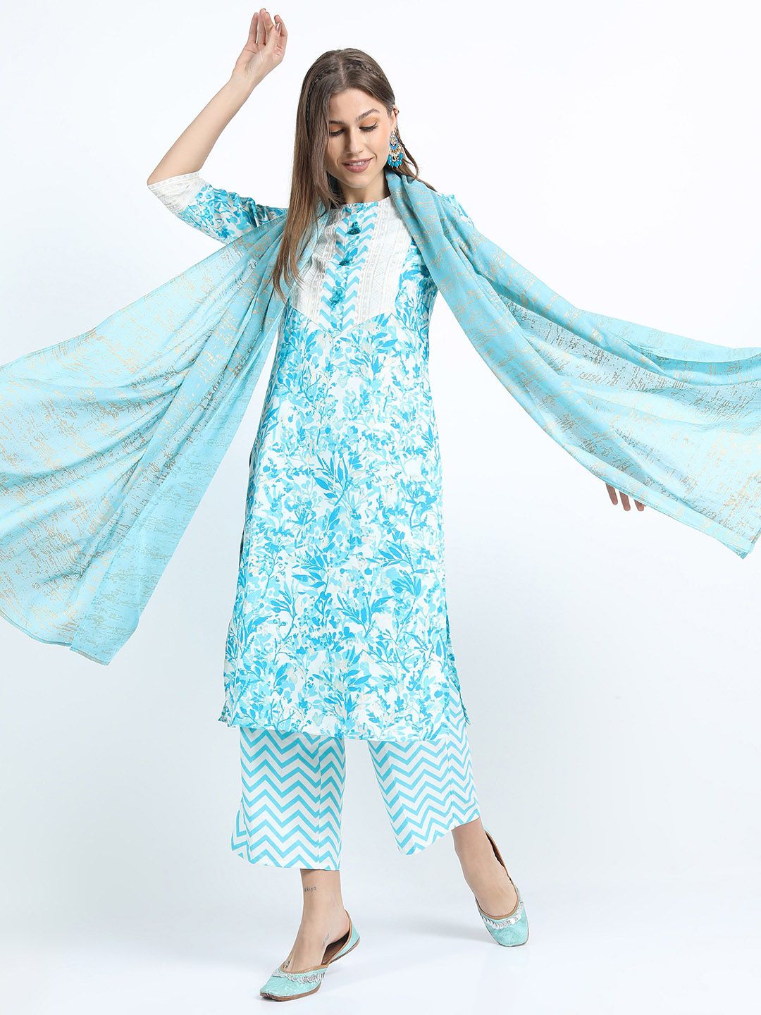 Vishudh Women Turquoise Blue Printed Kurta with Palazzo & Dupatta Price in India