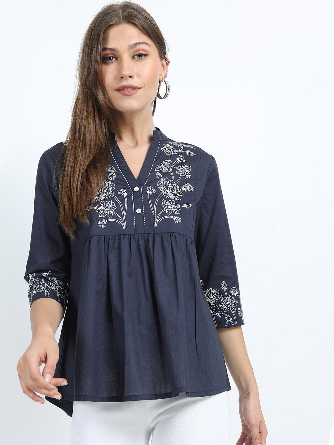 Vishudh Women Navy Blue Floral Printed Band Cotton Collar Top