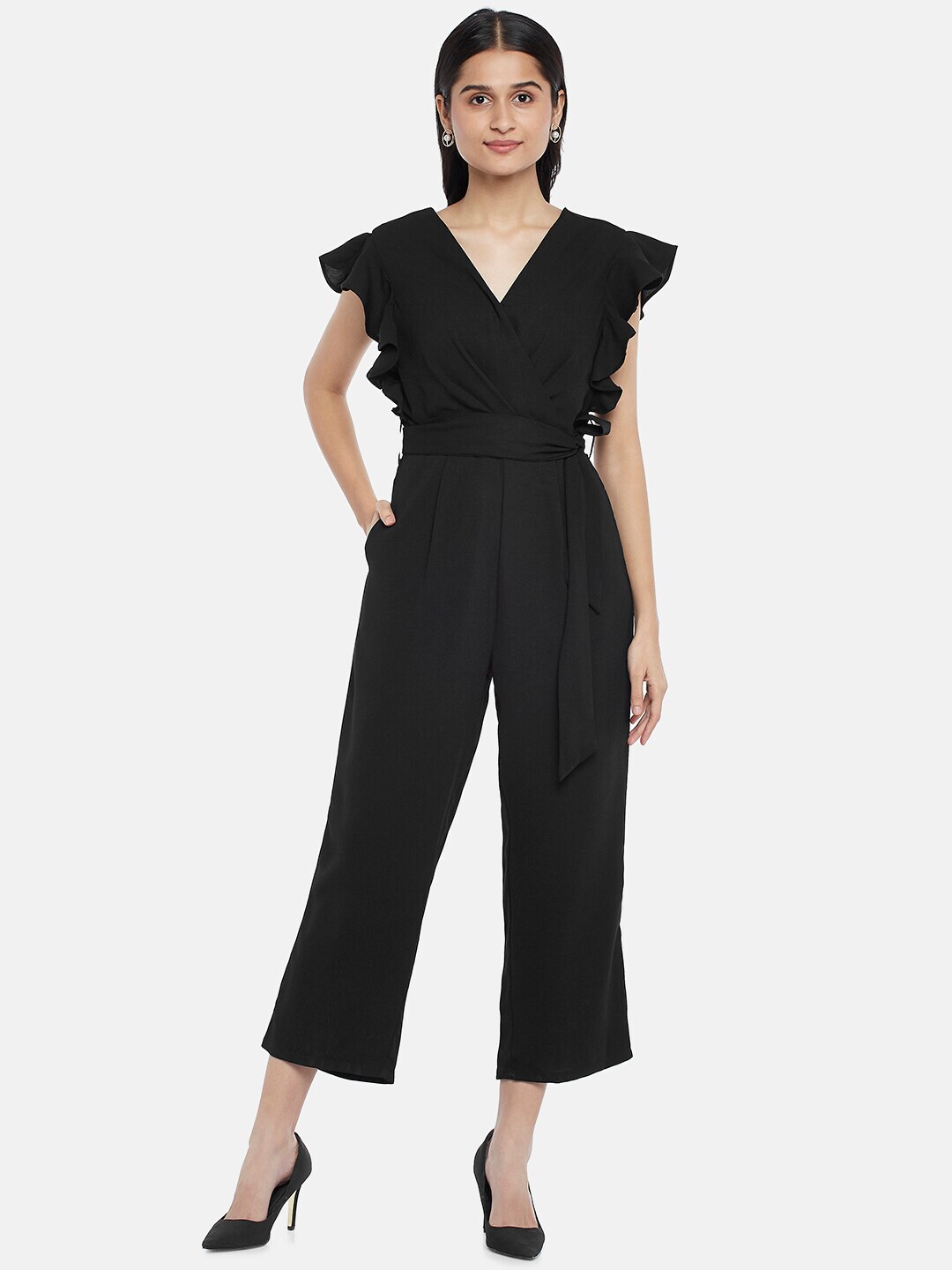 Annabelle by Pantaloons Black Basic Jumpsuit with Ruffles Price in India