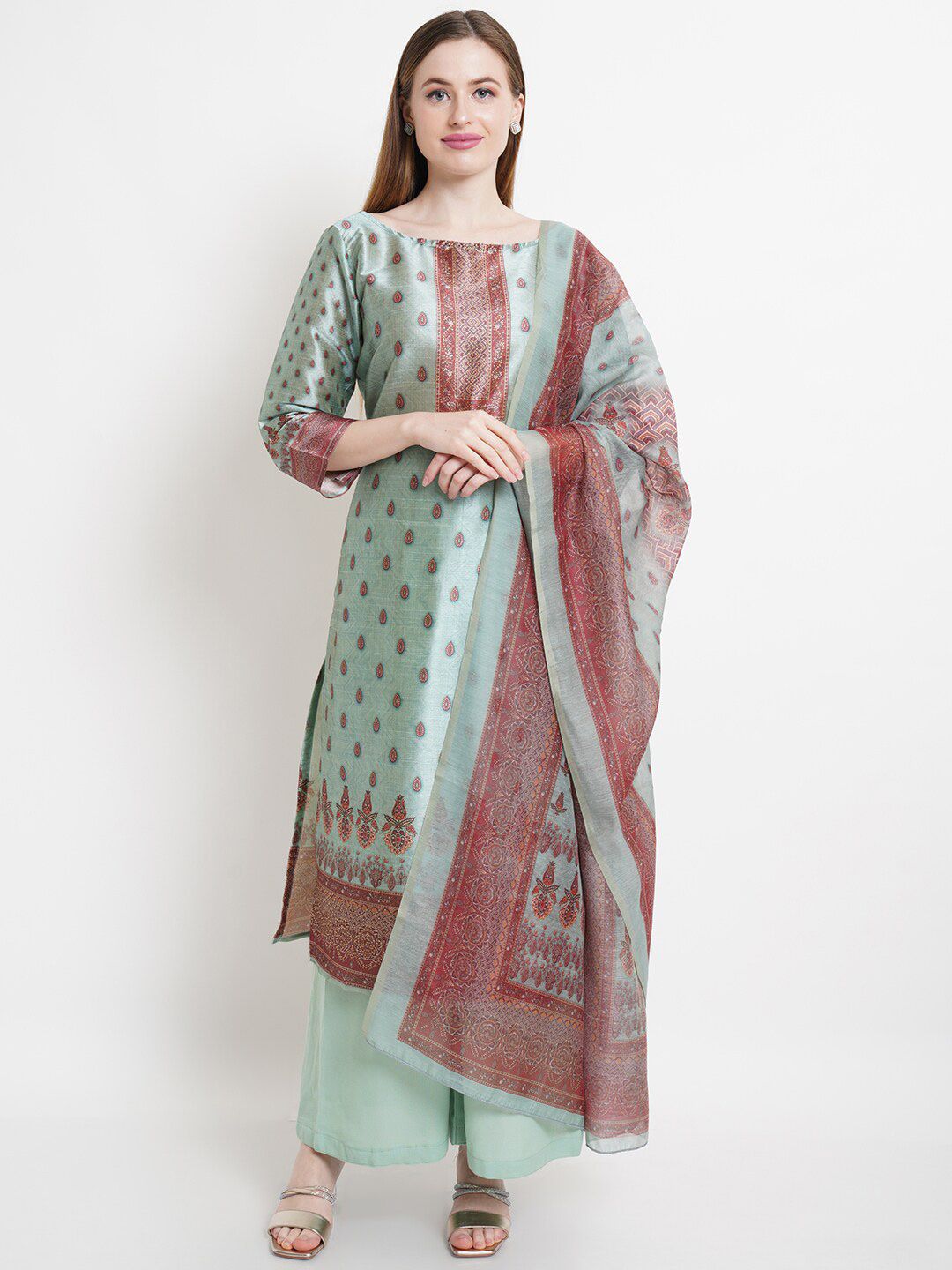 Stylee LIFESTYLE Green & Red Printed Pure Silk Unstitched Dress Material Price in India