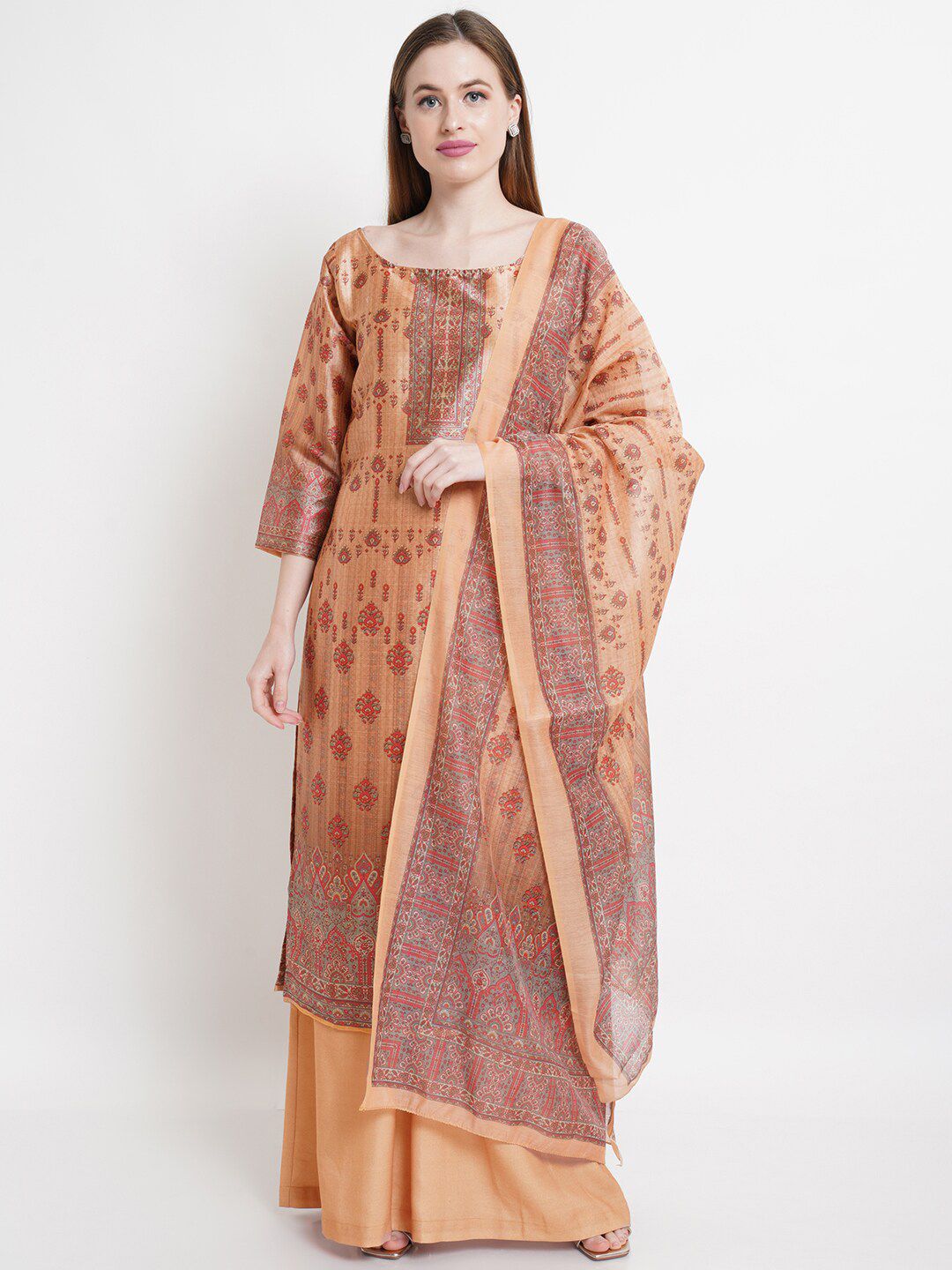 Stylee LIFESTYLE Peach-Coloured & Grey Printed Pure Silk Unstitched Dress Material Price in India