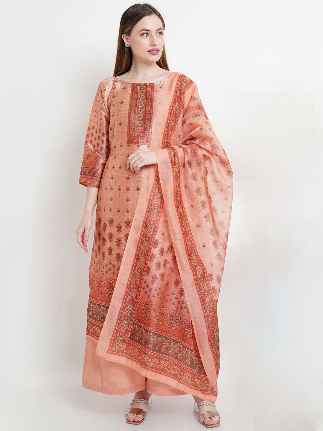 Stylee LIFESTYLE Women Peach & Grey Printed Pure Silk Unstitched Dress Material Price in India