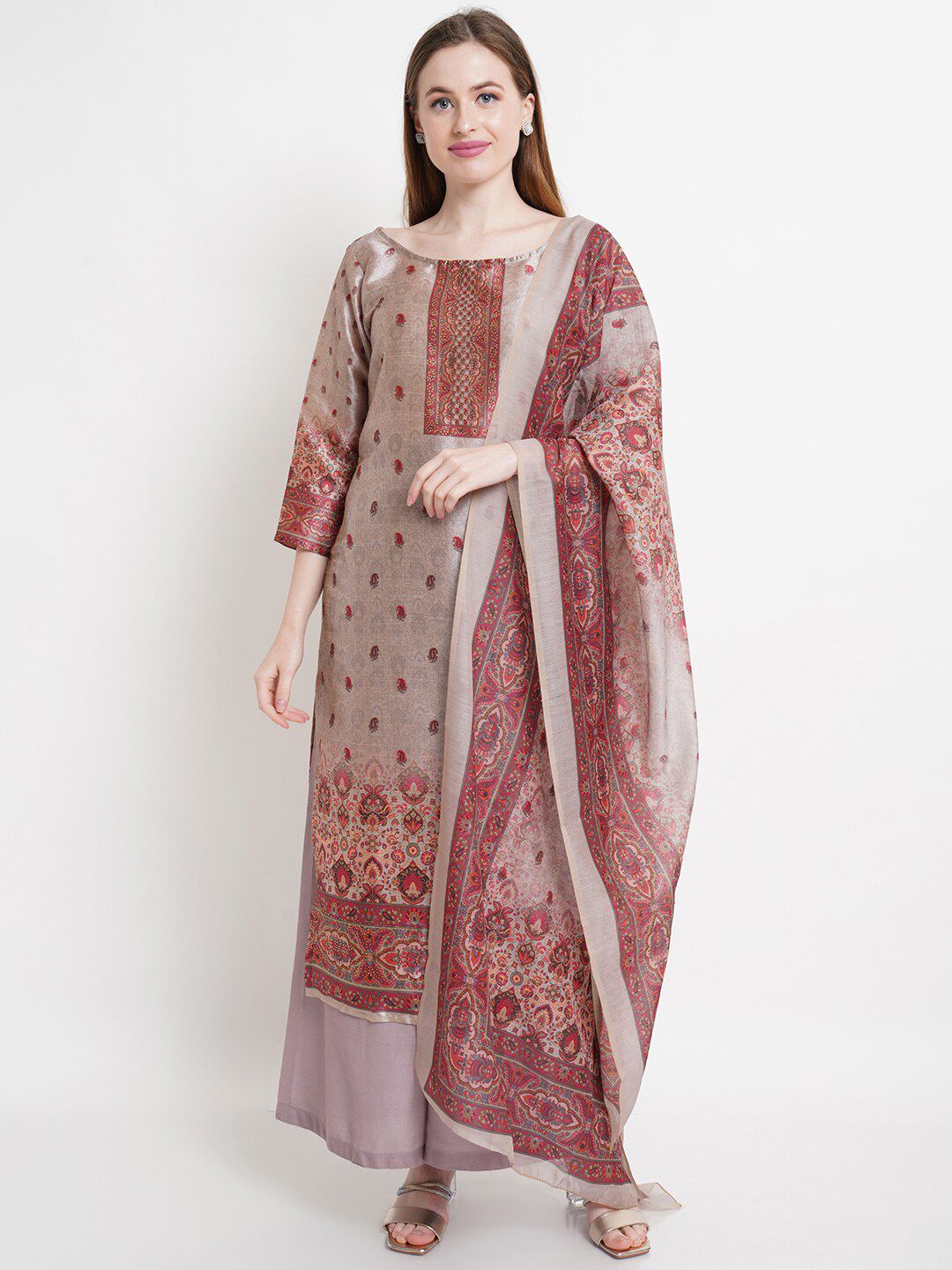 Stylee LIFESTYLE Beige & Red Embroidered Pure Silk Unstitched Dress Material Price in India