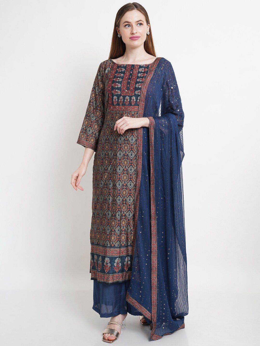 Stylee LIFESTYLE Navy Blue & Red Embellished Pure Silk Unstitched Dress Material Price in India
