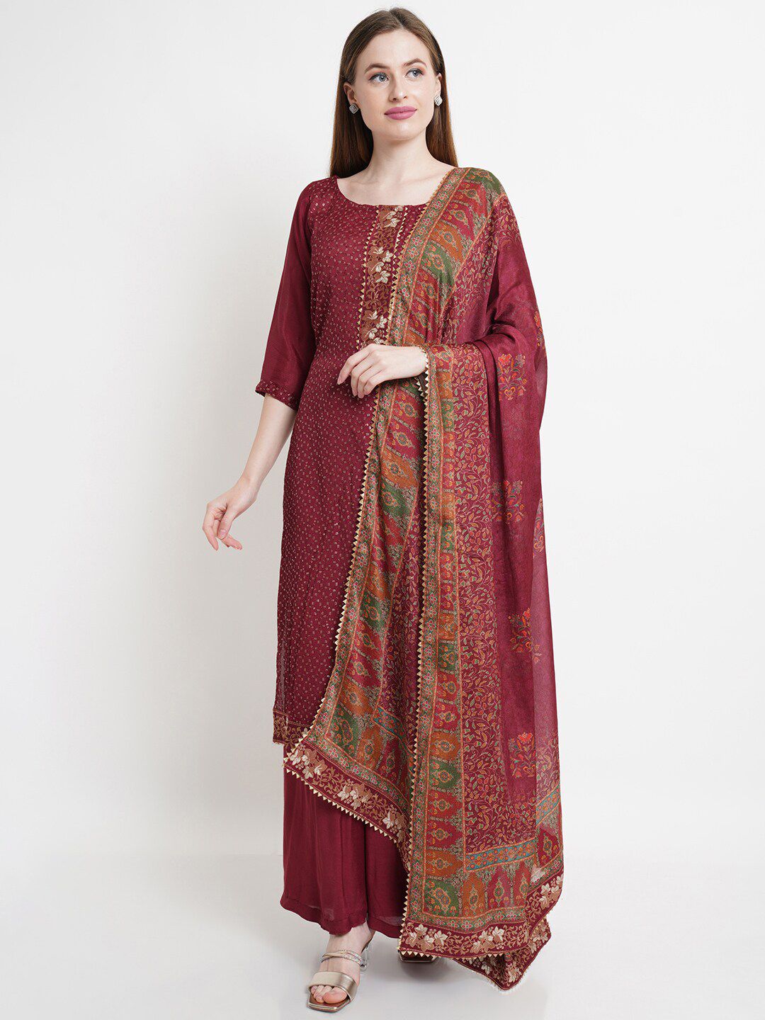 Stylee LIFESTYLE Maroon Embroidered Sequin Unstitched Dress Material Price in India