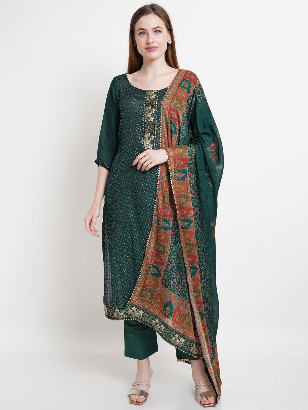 Stylee LIFESTYLE Green & Red Embroidered Unstitched Dress Material Price in India