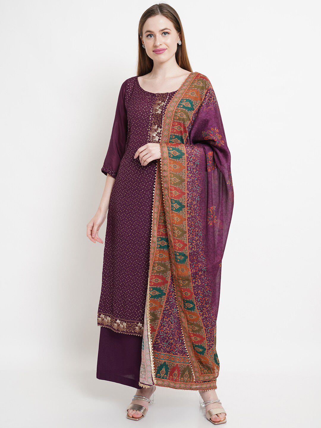 Stylee LIFESTYLE Maroon & Orange Embellished Unstitched Dress Material Price in India