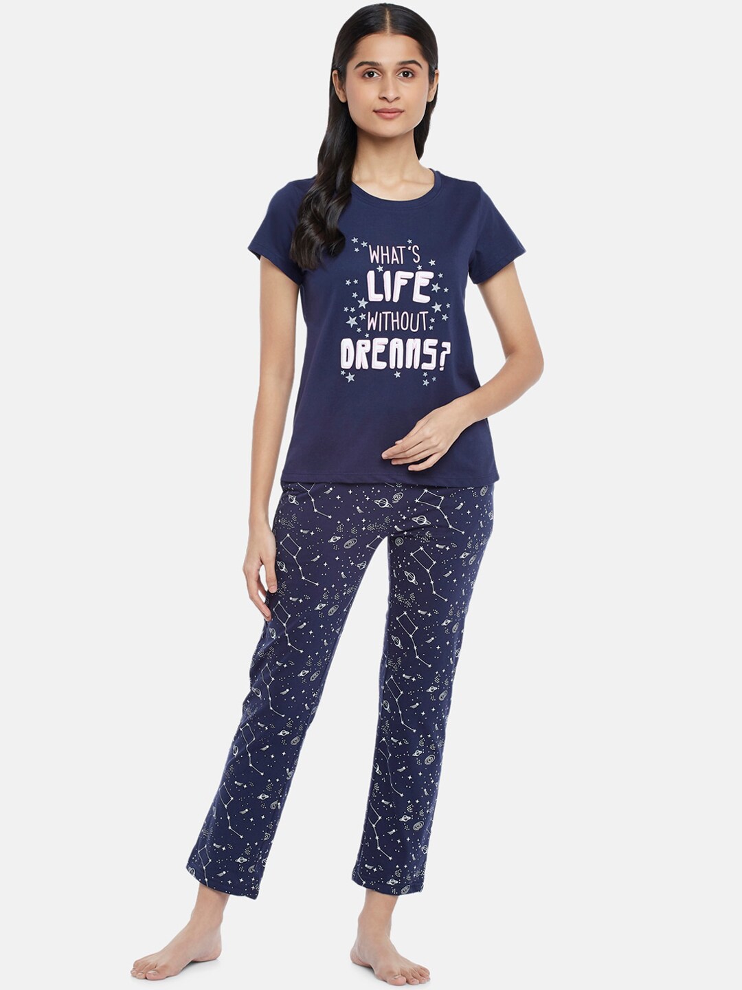 Dreamz by Pantaloons Women Navy Blue & White Printed Pure Cotton Night suit Price in India