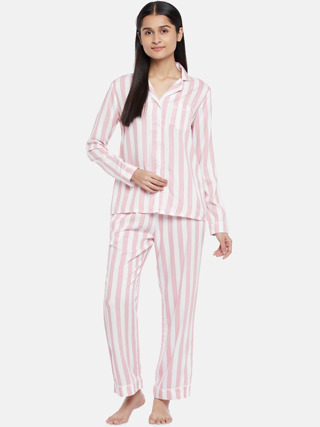 Dreamz by Pantaloons Women Pink Striped Night Suit Price in India