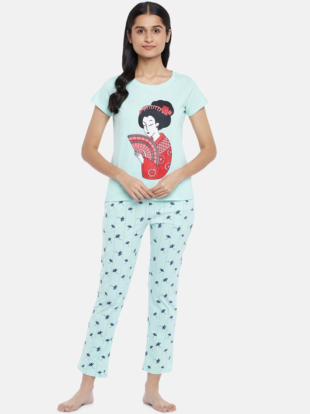 Dreamz by Pantaloons Women Blue Printed Pure Cotton Night Suit Price in India