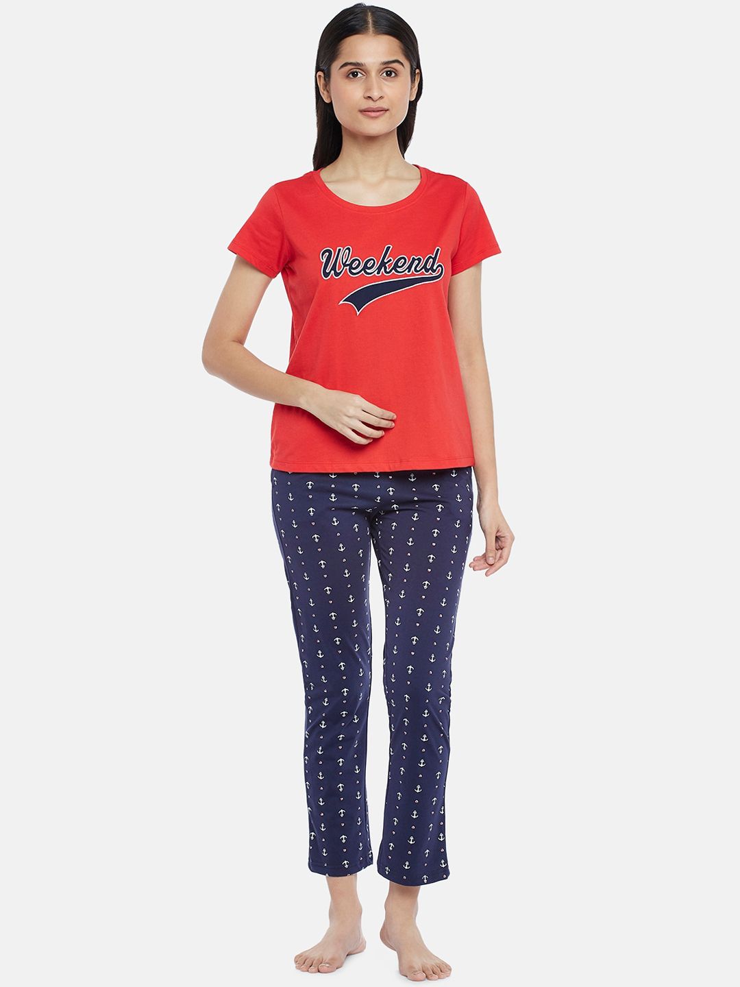 Dreamz by Pantaloons Women Red & Blue Printed Cotton Night suit Price in India