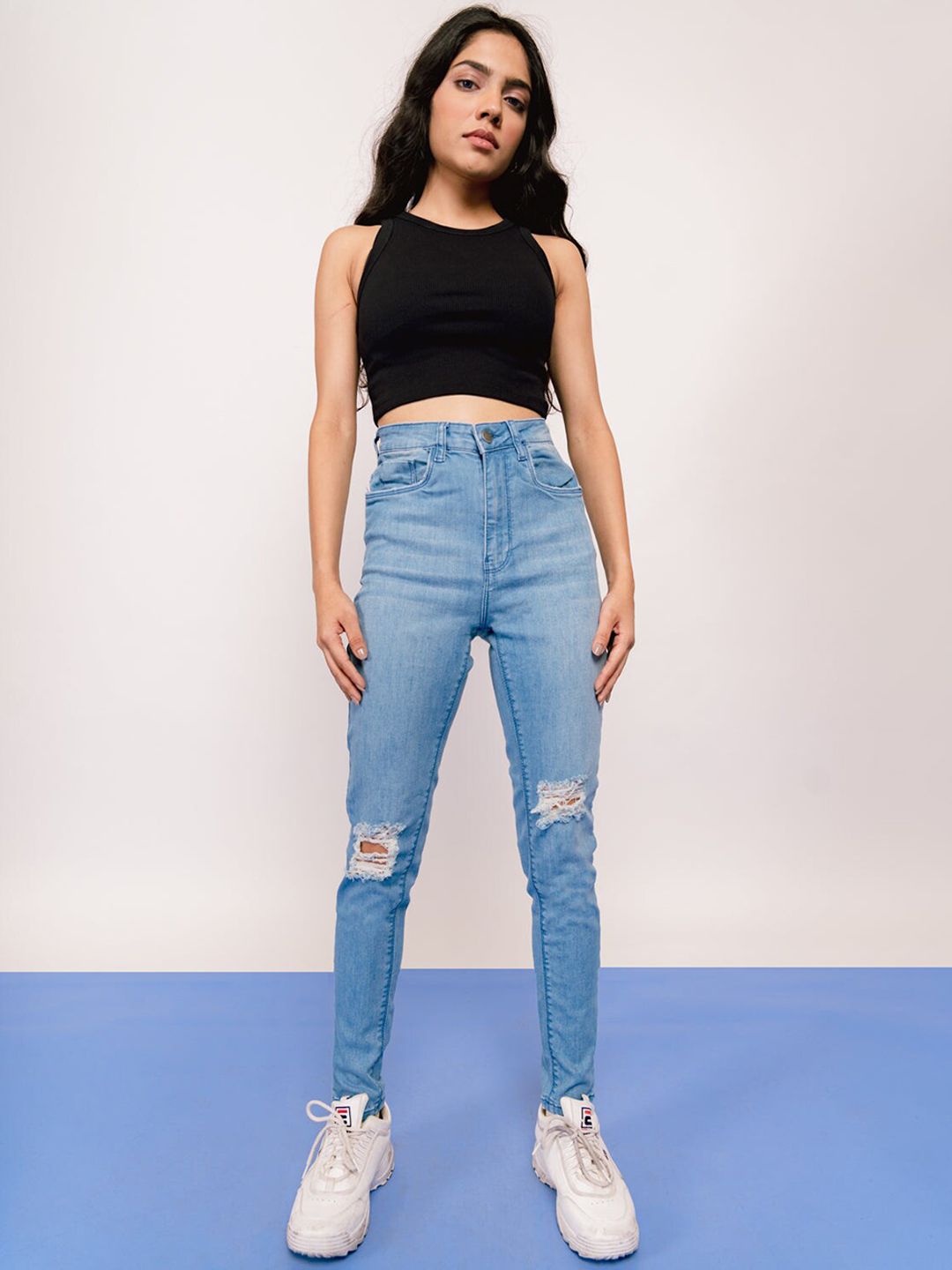 FREAKINS Women Blue Skinny Fit Highly Distressed Light Fade Jeans Price in India