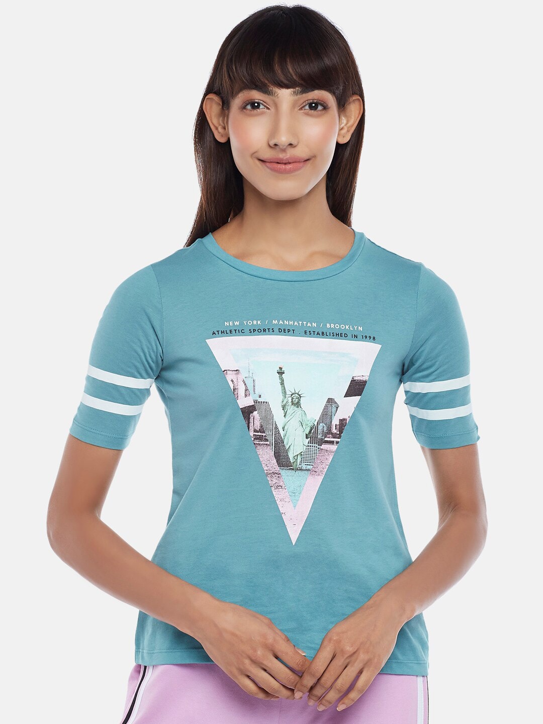Ajile by Pantaloons Women Teal Printed Running Cotton T-shirt Price in India