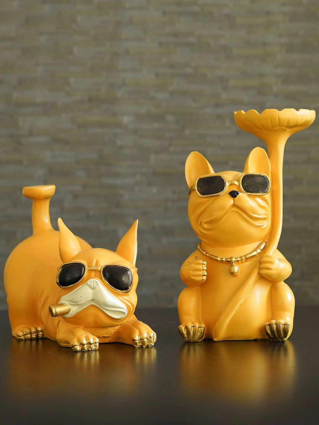 TIED RIBBONS Set Of 2 Yellow Bull Dog Decorative Showpiece Price in India