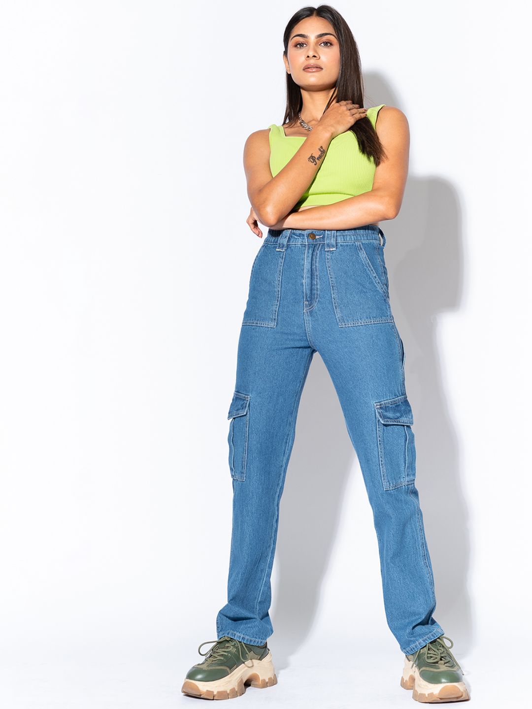 FREAKINS Women Stunning Blue High-Rise Straight Fit Cropped Jeans Price in India