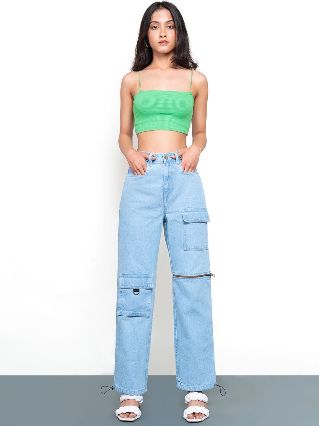 FREAKINS Women Blue Straight Fit High-Rise Slash Knee Cotton Jeans Price in India