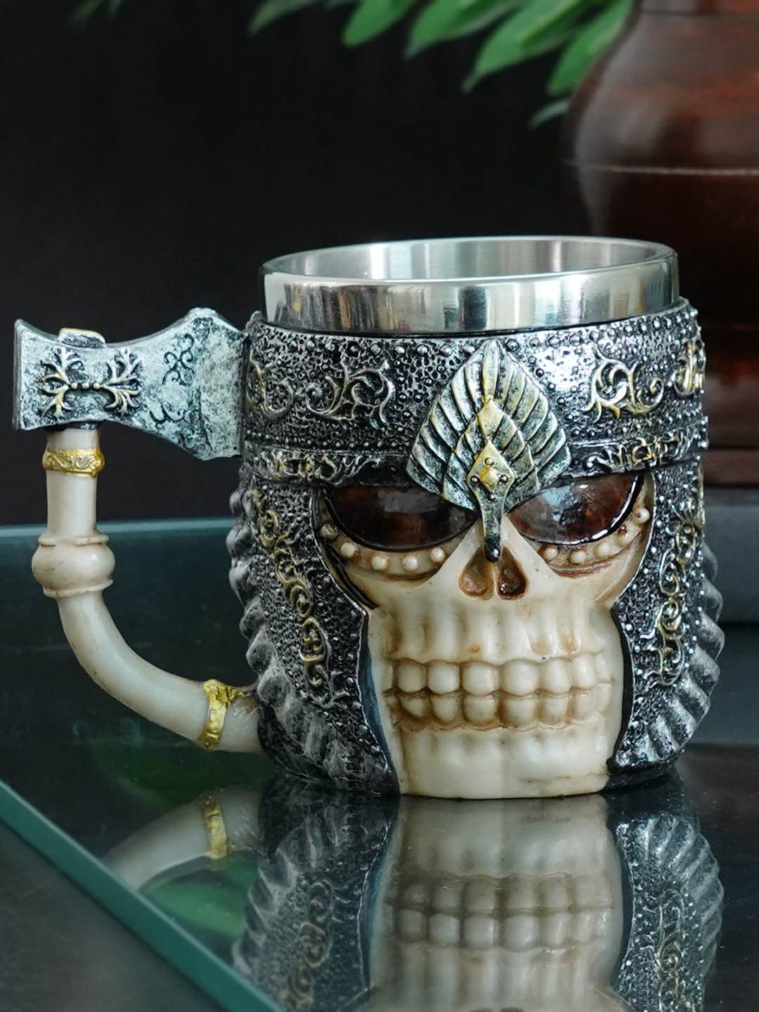 TIED RIBBONS Grey Handcrafted 3D Skull Stainless Steel Matte Mugs Price in India
