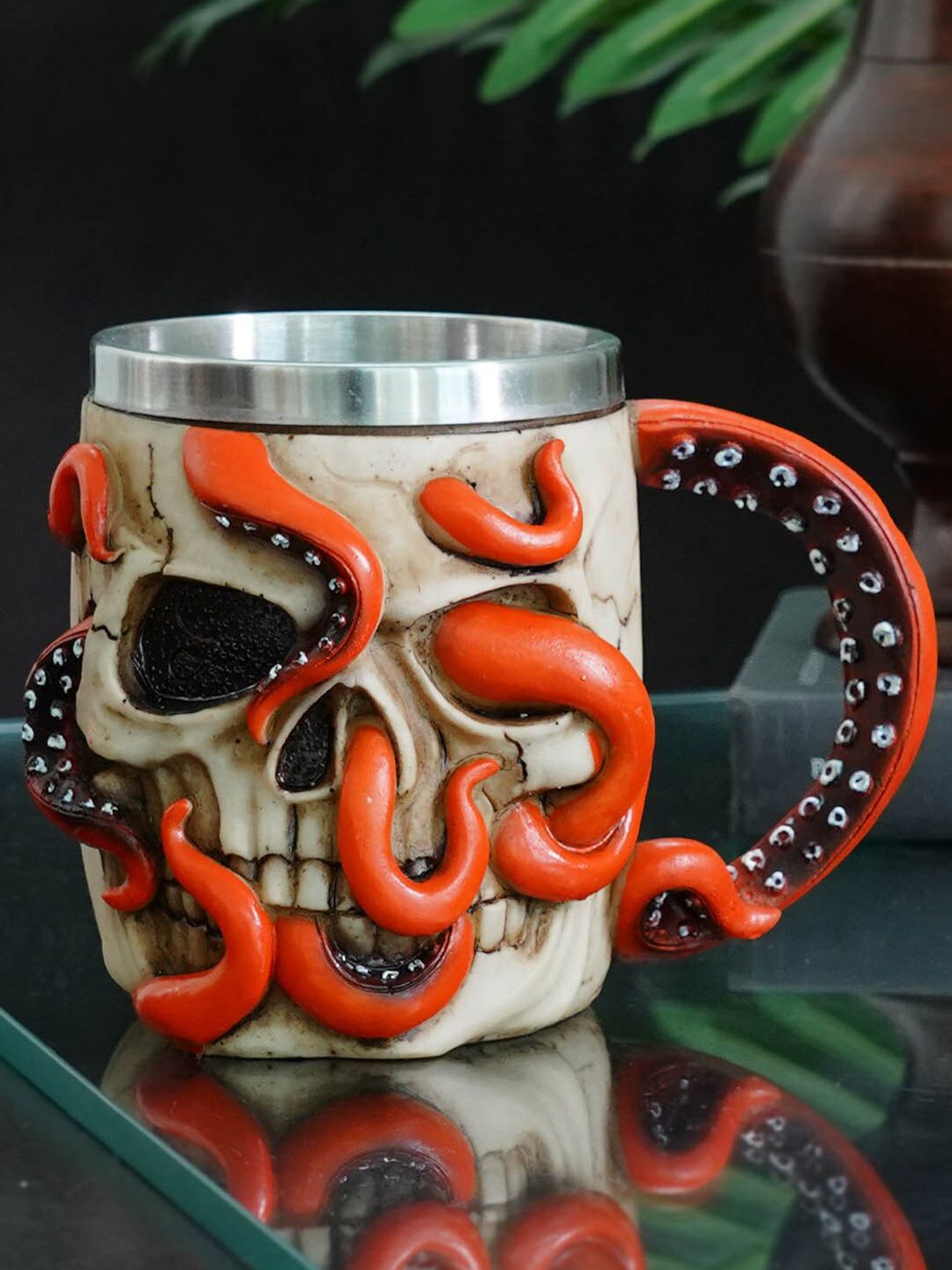 TIED RIBBONS Cream-Coloured & Red Handcrafted Textured Stainless Steel Matte Mugs Price in India