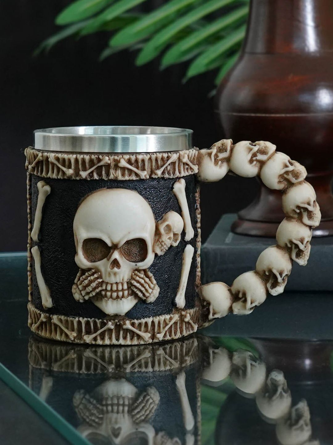 TIED RIBBONS Brown & Black 3D Skull Stainless Steel Matte Mugs Price in India