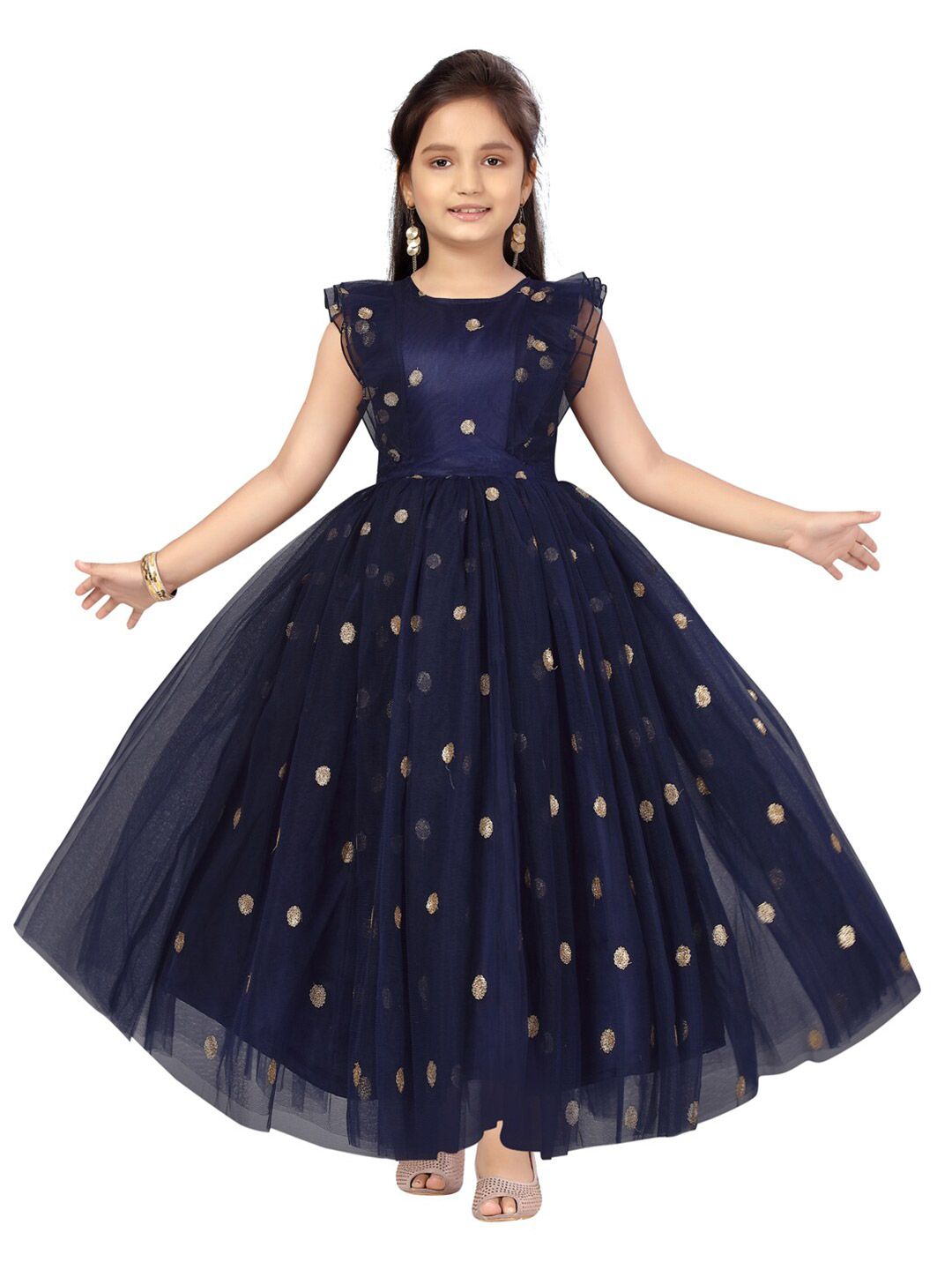 Aarika Girls Navy Blue & Gold-Toned Embellished Net Maxi Dress deal from myntra