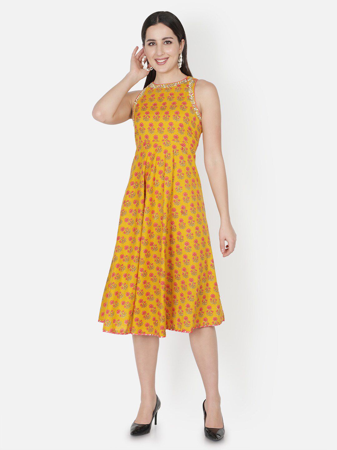 TRISHLA INDIA Mustard Yellow & Pink Floral Printed Dress Price in India