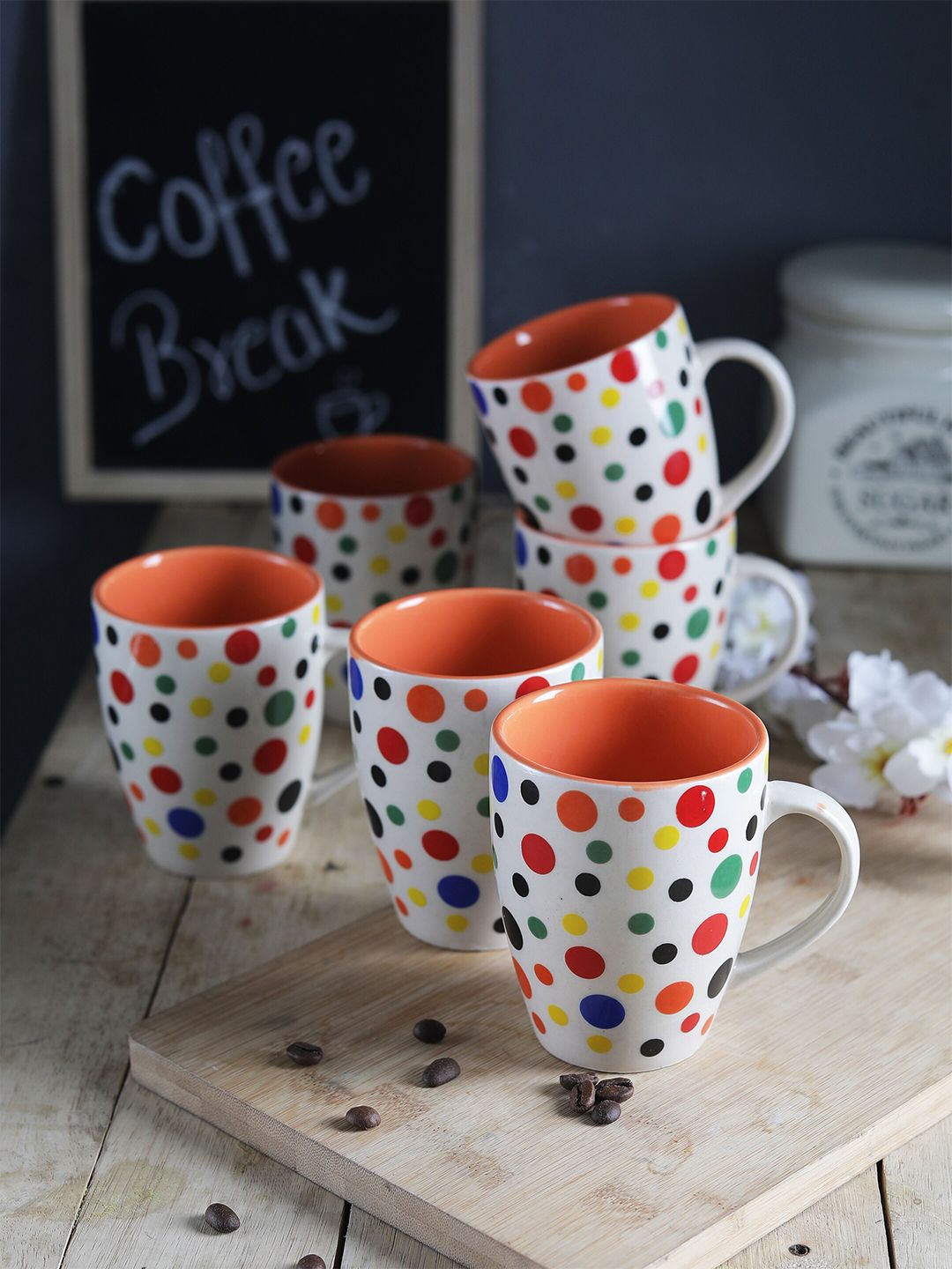 CDI Set Of 7 White & Orange Printed Ceramic Glossy Cups 250ml with Wooden Tray Price in India