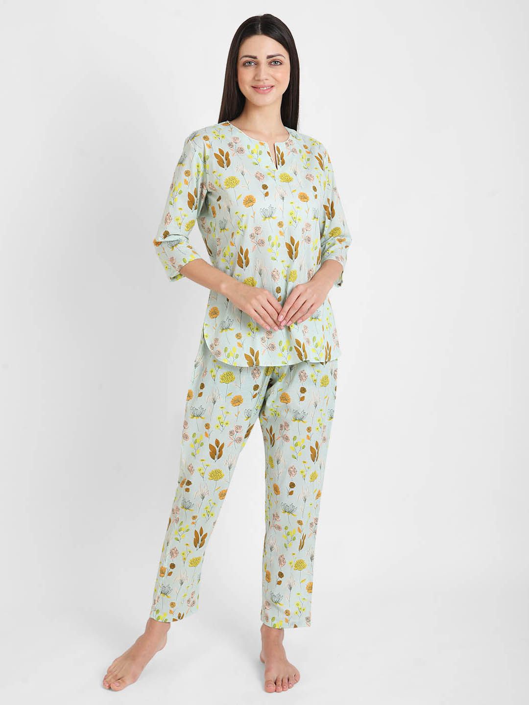 KOOCHI POOCHI Women Green Floral Print Pure Cotton Night Suit Price in India