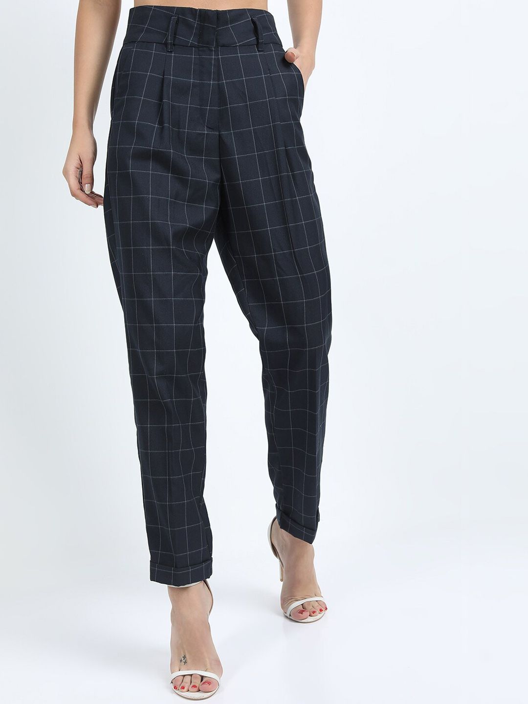 Tokyo Talkies Women Navy Blue Checked Straight Fit High-Rise Trousers Price in India