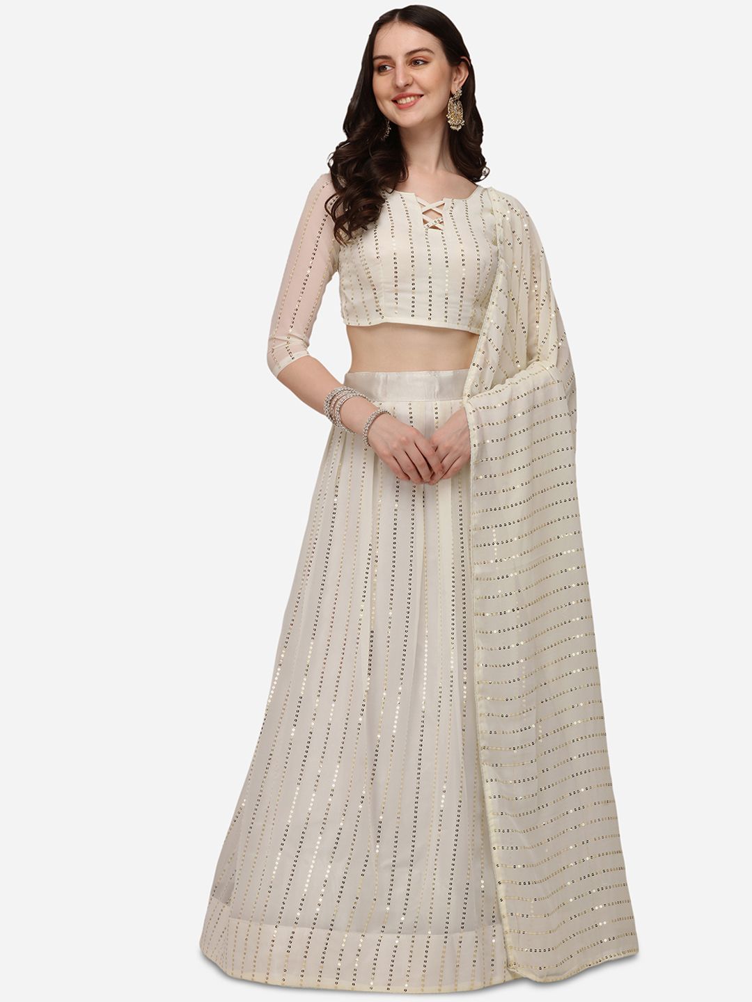 Pratham Blue Cream-Coloured Embellished Sequinned Semi-Stitched Lehenga & Unstitched Blouse With Dupatta Price in India