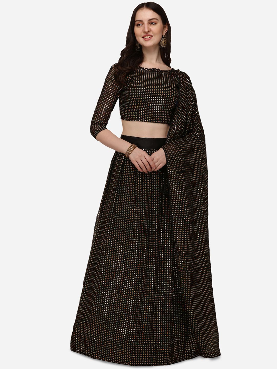 Pratham Blue Women Black Sequinned Embellished Semi Stitched Lehenga Choli