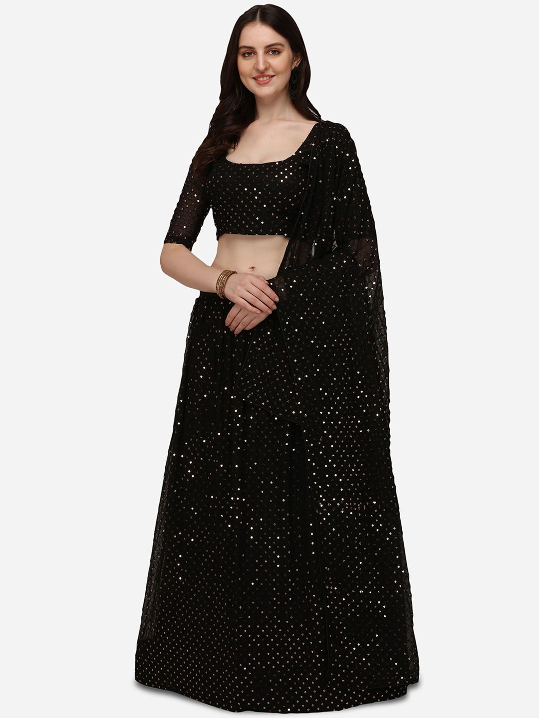 Pratham Blue Black Embellished Sequinned Semi-Stitched Lehenga & Unstitched Blouse With Dupatta Price in India