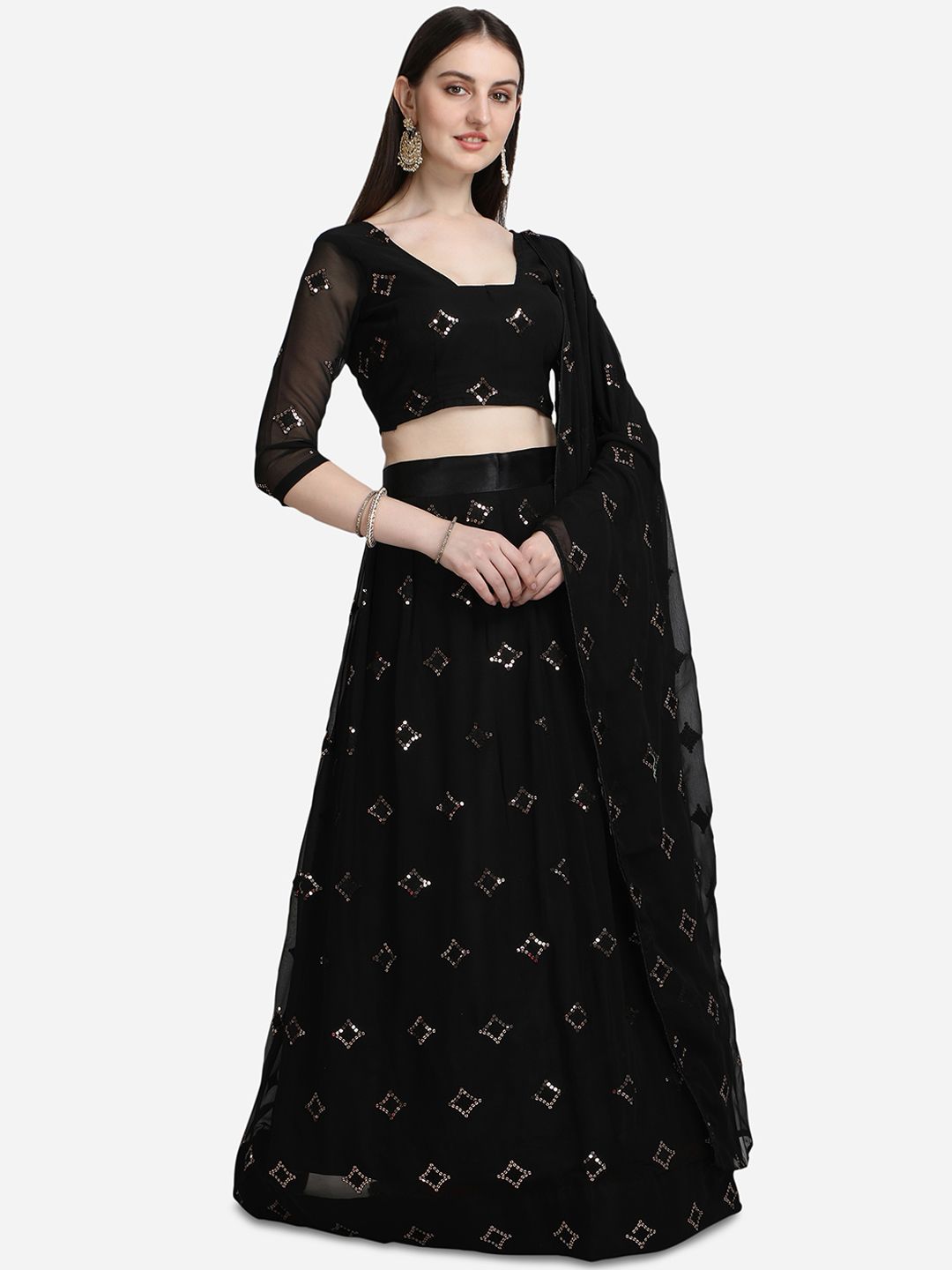 Pratham Blue Black Embellished Sequinned Semi-Stitched Lehenga & Unstitched Blouse With Dupatta Price in India
